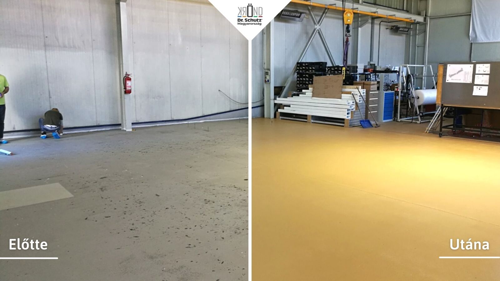 Fémmegmunkáló műhely burkolata színes padlófelújítás előtt és után.