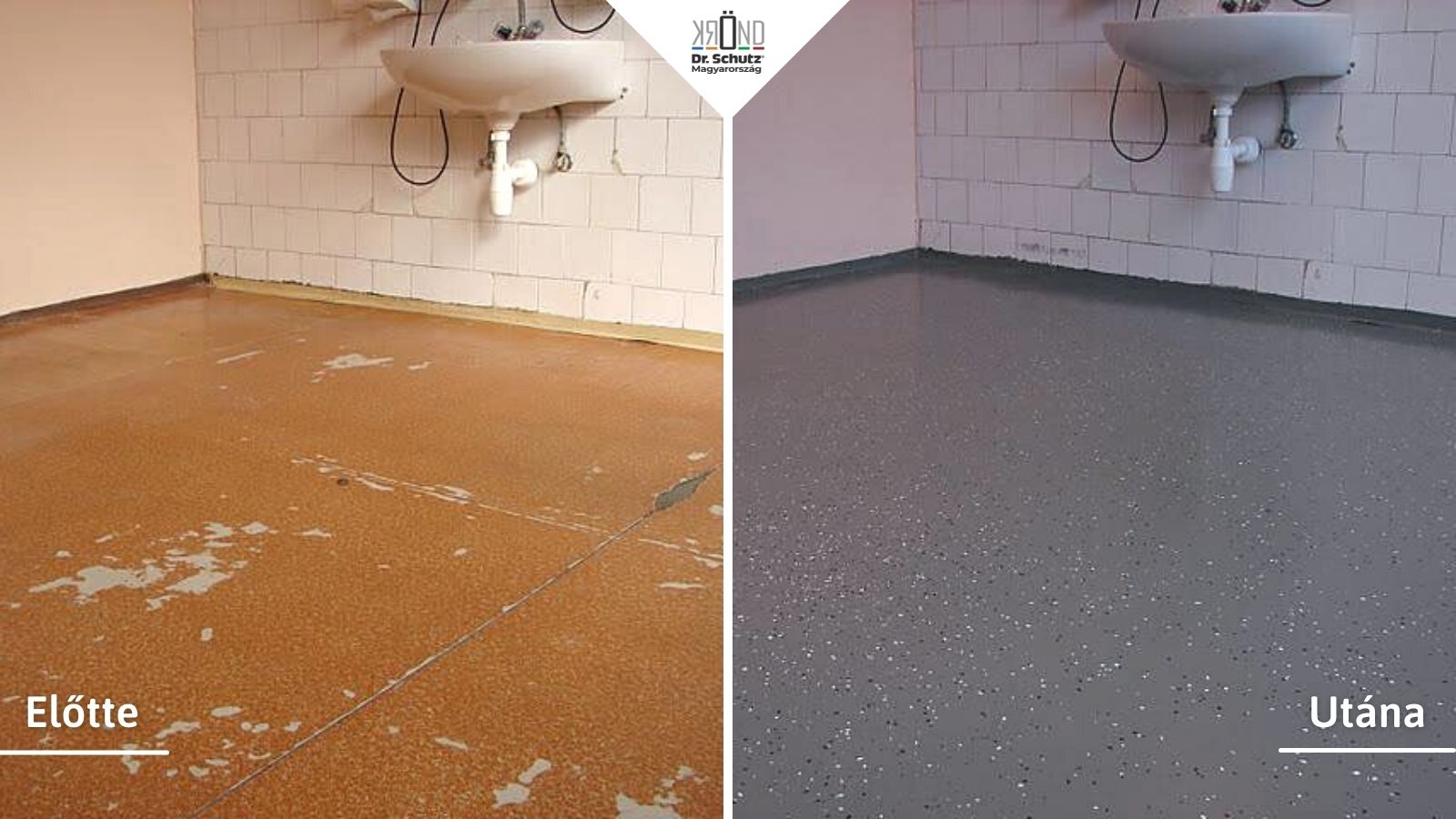 Kórház burkolata padlómentés előtt és után. Új design és higiénikus padlófelület.