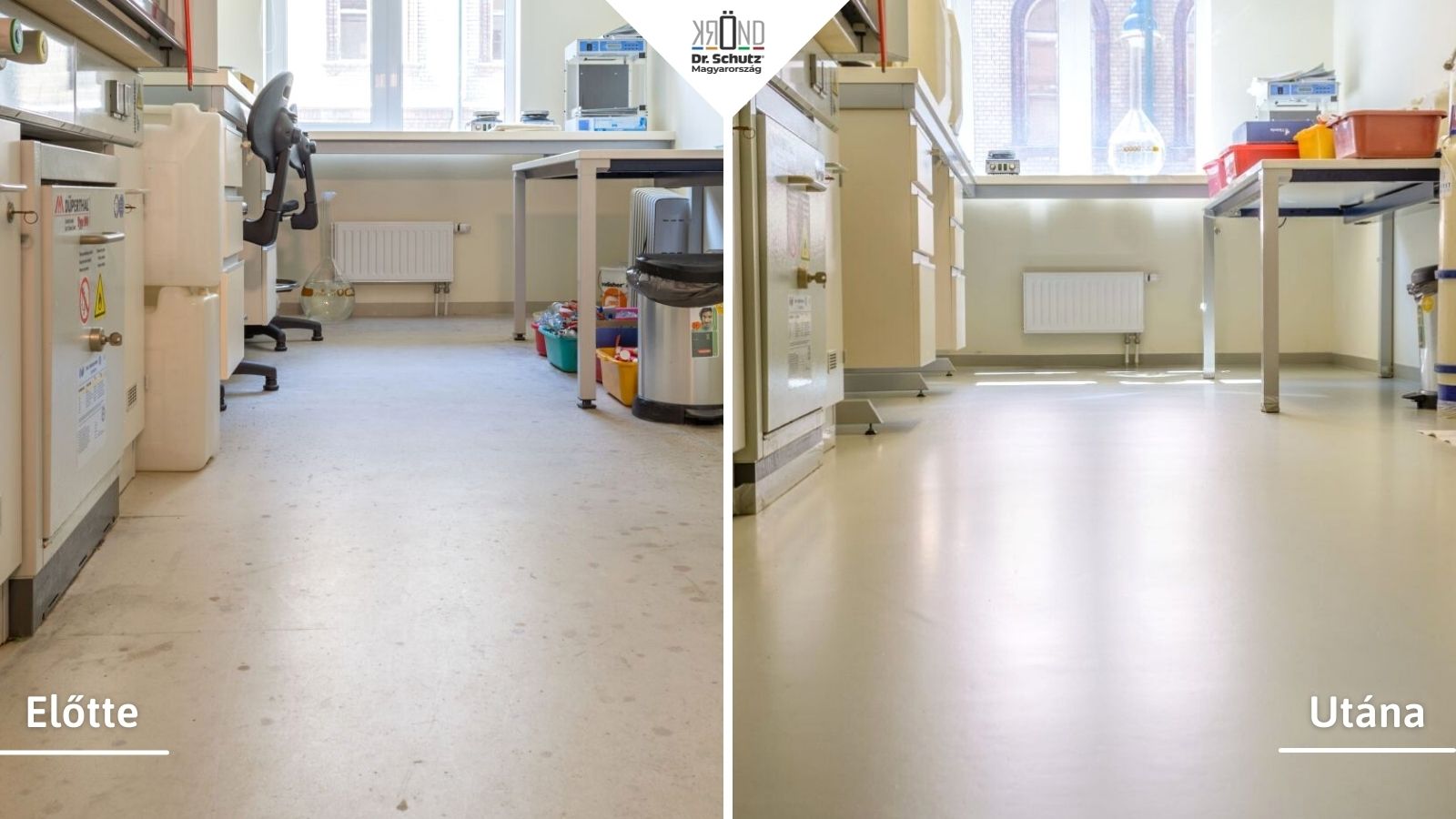 Egyetemi labor terem padlómentés előtt és után.