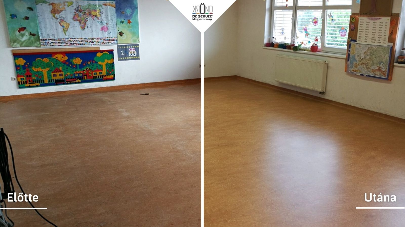 Tanterem linóleum burkolata padlófelújítás előtt és után.